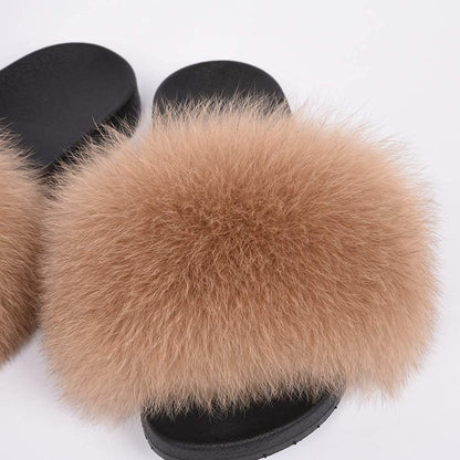 Real Fox Fur Slides for Women - Fluffy Fur Slippers Open Toe Flat Sandals for Outdoor
